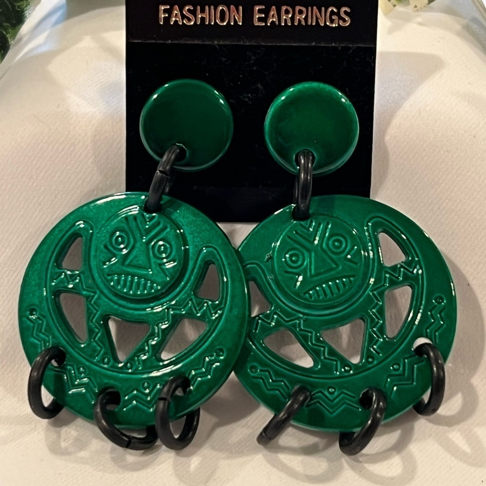 Vintage Tribal-Inspired Green Statement Earrings